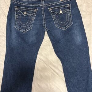 True Religion Boot Cut Blue Jeans with Distressed Look